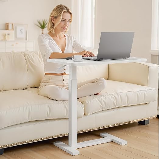 Overbed Bedside Table with Hidden Casters, Adjustable Pneumatic Mobile Laptop Computer Standing Desk, Rolling Laptop Table, Movable Overbed Table Hospital Home Use, White - Image 2