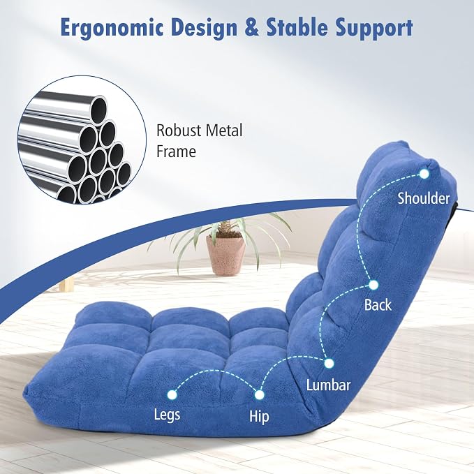 GIANTEX Floor Chairs for Adults, Floor Gaming Chair w/Back Support (Blue) | Coral Velvet, 14 Adjustable Position, Thick Sponge Padding, Floor Seating Lounge for Reading, Watching TV, Meditation - Image 6