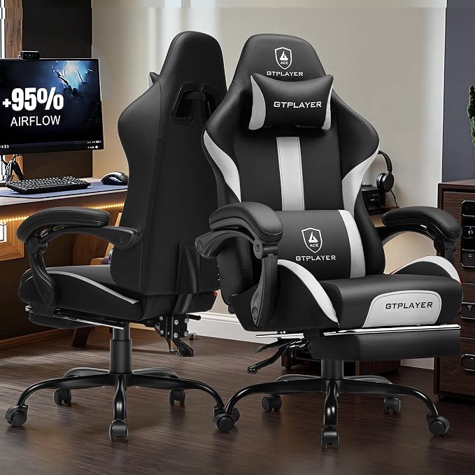 GTPLAYER Gaming Chair with Foot Rest & Pocket Spring Cushion, Ergonomic High Back Computer Chair with Headrest & 360°-Swivel Seat for Home Office Desk, PU Leather, White/Black - Image 2