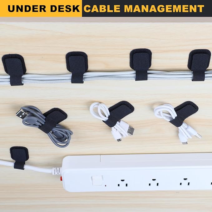 SummerBrite 40-Pack Self Adhesive Cable Straps, Heavy Duty Hook & Loop Ties with Strong Sticky Backing, Reusable Under Desk Cable Management Wire Organizers for Home Office PC, Black - Image 6