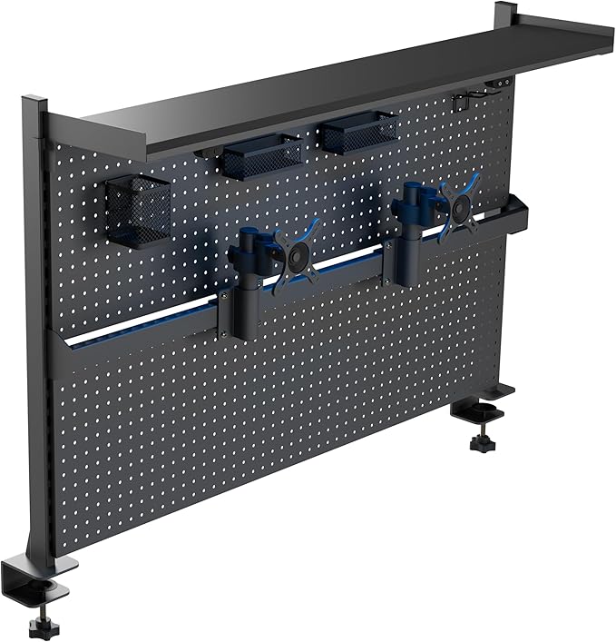 EUREKA ERGONOMIC Desk Pegboard Dual Monitor Stand 59x34 Black | Large steel pegboard with dual monitor stands, LED lighting, privacy panel and modular accessories for gaming desks by EUREKAERGONOMIC