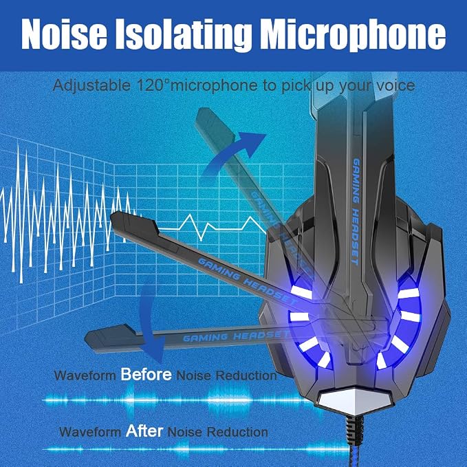 BENGOO G9000 Stereo Gaming Headset for PS4 PC Xbox One PS5 Controller, Noise Cancelling Over Ear Headphones with Mic, LED Light, 7.1 Surround Sound, Soft Memory Earmuffs for Nintendo Xbox Series X|S - Image 4