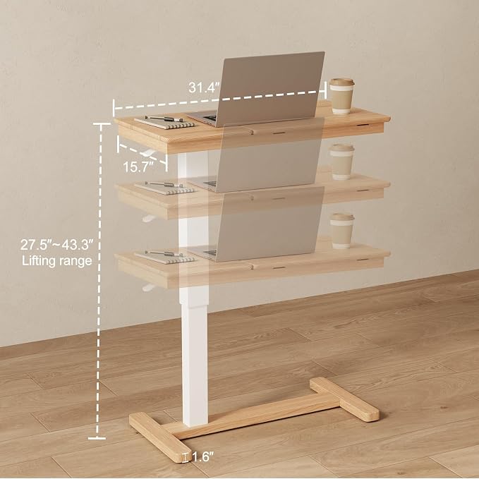 Muwuele Solid Wood Overbed Bedside Table with Wheels, Adjustable Medical Tilt Top Hospital Bed Table Over The Bed, Rolling Laptop Desk, Mobile Standing Desk for Hospital and Home Use (Natural) - Image 2