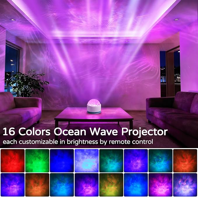Ocean Wave Projector Light, Rechargeable 16 Color Ocean Lamp Ambient Lighting Night Light Projector Mood Lighting with Dimmable & Remote for Kids Bedroom Teen Girl Gift Room Decor - 2P - Image 2