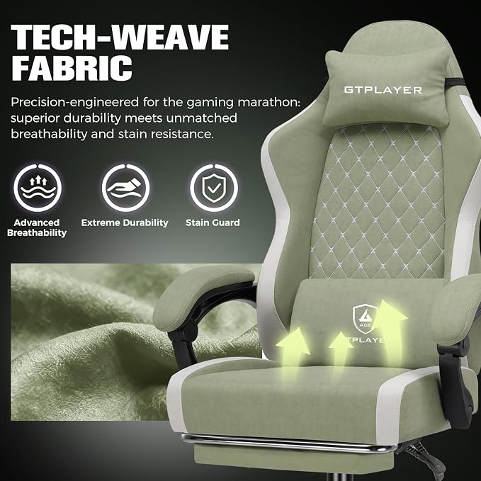 GTPLAYER Gaming Chair, Ergonomic Computer Chair with Footrest and Lumbar Support, High Back Recliner Chair 350lbs, Height Adjustable for Home Office, Green - Image 8