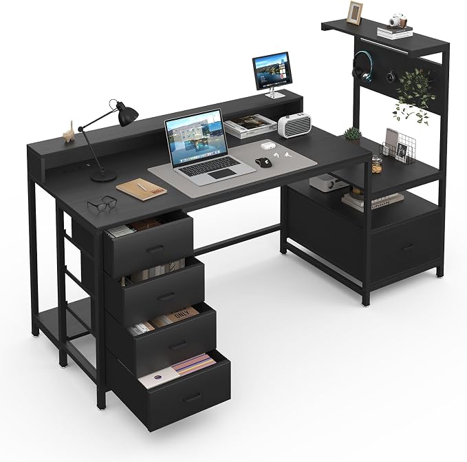 Gaming Desk with Storage Drawers, Computer Desk with Shelves & Charging Station, Corner Writing Table with Pegboard for Small Space, Home Office Desk, Black - Image 8