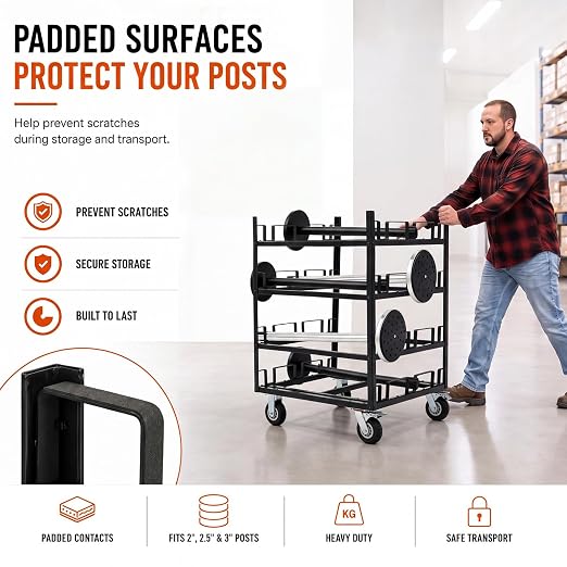12 Posts Stanchion Cart, Crowd Control Stanchion Cart, Easy to Assemble, Horizontal Padded Storage Locking Wheels for Safety with 4 Tie-Down Straps, 32 x 32 x 42 in - Image 2