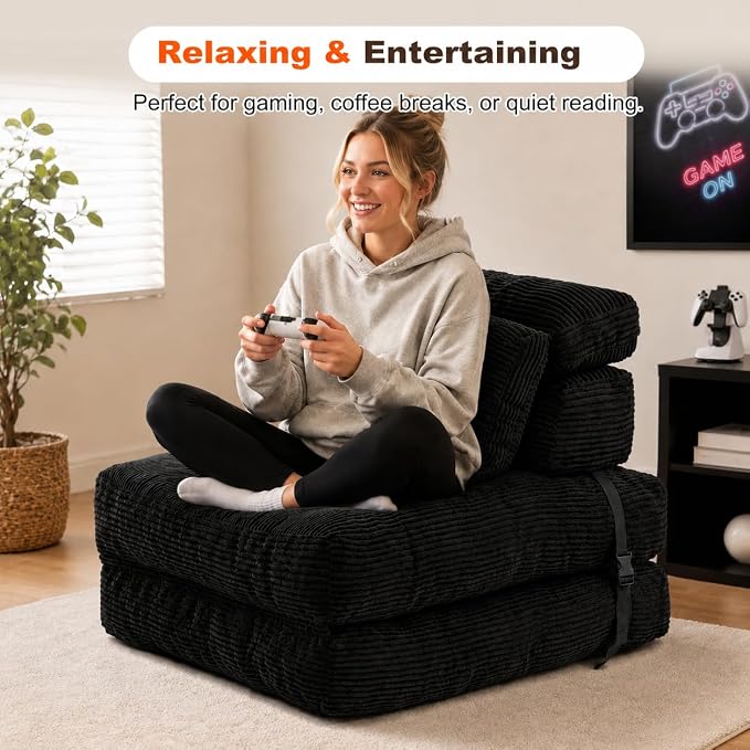 King Oasis Folding Sofa Bed, Corduroy Chair Bed with Pillows | 3-in-1 Fold Out Floor Sofa Couch with Headrest and Lumbar Pillows，for Living Room, Bedroom, Apartment, Dorm, Black - Image 8