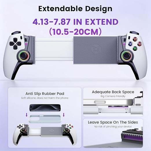 NinjaPlusOX Mobile Gaming Controller for iPhone/Android/Switch 2/Switch/OLED, Wireless Phone Controller with Hall Effect Joysticks/Hall Triggers, 8 Color RGB Lighting, Turbo, Macros -White - Image 5