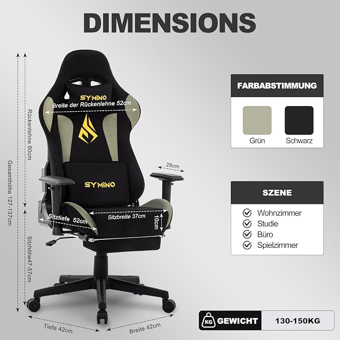 Symino Gaming Chair, High Back Ergonomic Office Chair with 2D Adjustable Armrests, 150° Recline, Breathable Faux Suede, Adjustable Headrest & Footrest for Home Office - Image 3