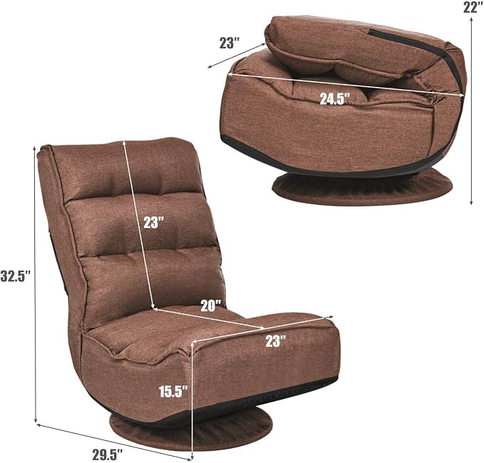 Giantex 360 Degree Swivel Floor Chair, Folding Floor Gaming Chair with 6 Positions Adjustable, Lazy Sofa Lounge Chair w/Tufted Back Support, Video Gaming Chair for Reading TV Watching (Brown) - Image 3