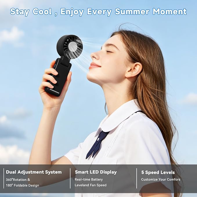 Handheld Portable Turbo Fan with Ice Cooling,5 Speed Rechargeable LED Display Foldable Hand Held Personal Clip/Neck/Waist Fan,180°& 360° Adjustable,Pocket Mini Fan for Outdoor/Home/Office (Black) - Image 6