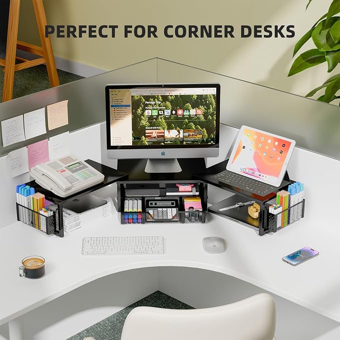 Simple Trending Dual Monitor Stand with Drawer and 2 Pen Holders, Black | 42"L x 9.5"W x 4.75"H. Sturdy metal. Fits 2 monitors. Reduces neck strain. Drawer + 2 pen holders. Easy assembly. 24h support - Image 8