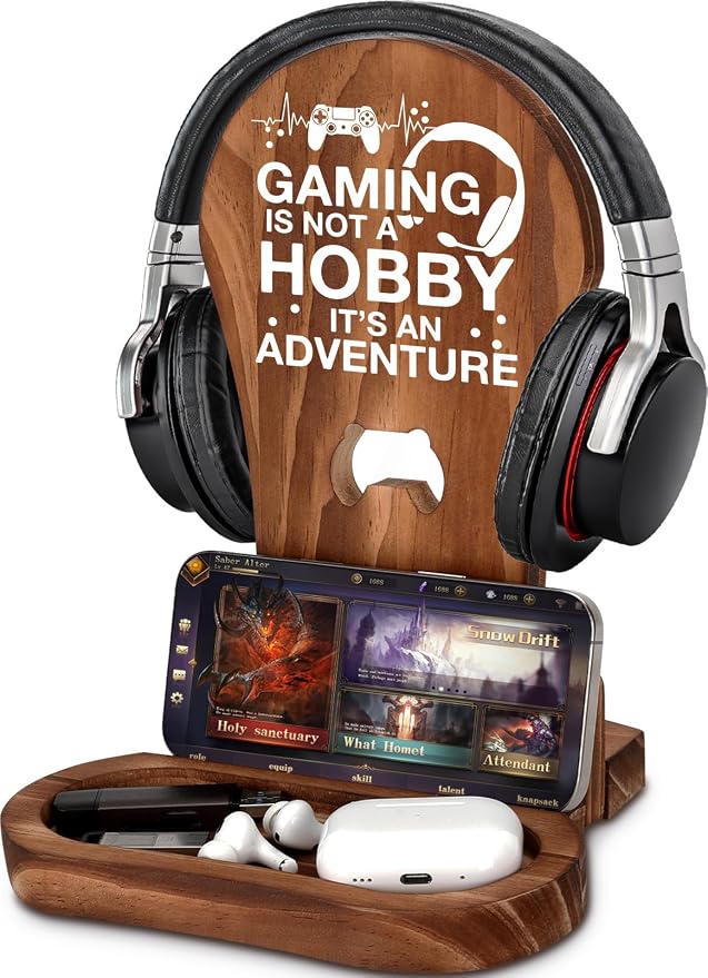 Christmas Birthday Gamer Gifts for Teenage Boys Men, Gaming Headphone Stand | Gaming Room Desk Decor Wooden Headset Holder, Son Boyfriend Husband Game Lover Gifts -Gaming is an Adventure by Crycarrot