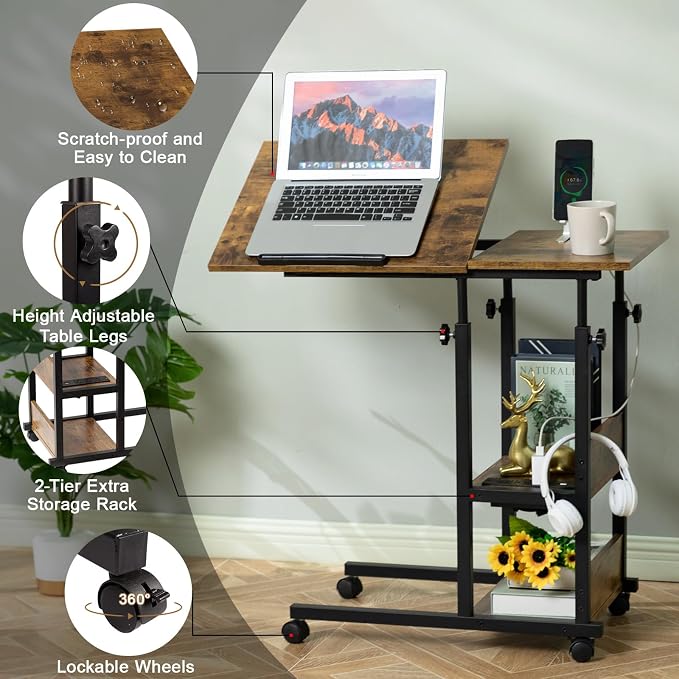 Hadulcet Adjustable C Table with Charging Station, Tiltable Desk C Shaped End Table for Couch, Over Bed Table with Wheels Adjustable Height, Hospital Table Laptop Stand Drawing Desk, Rustic Brown - Image 9