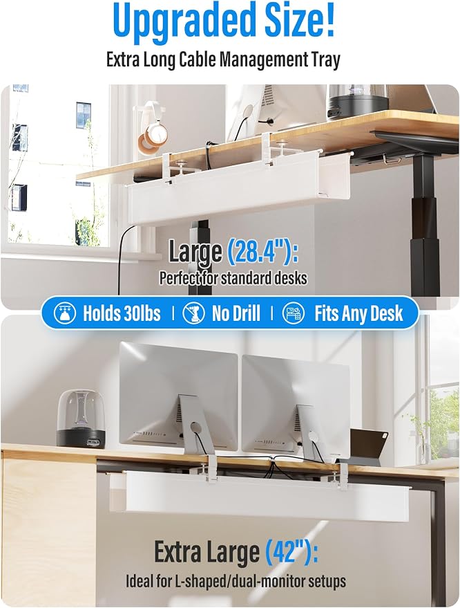 [Upgraded] Large Under Desk Cable Management Tray, Cinati Cable Management Under Desk No Drill, 42" Fabric Cord Hider for Wire Organizer, Cord Organizer for Office, Home - Supports Up to 30lbs White - Image 4