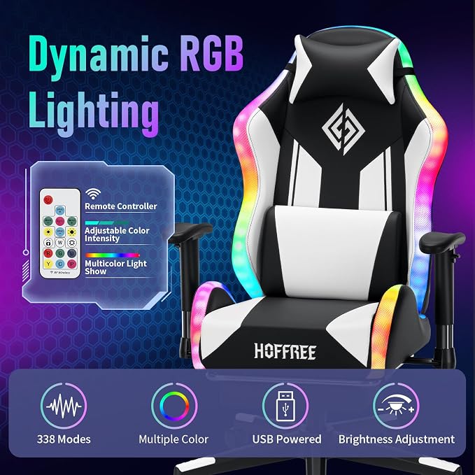HOFFREE RGB Gaming Chair for Kids LED Computer Chair 155°Recliner-White | PC Game Chair with Lights Gamer Chair for Boys Teens 8-15 Video Game Chairs with Footrest and Lumbar Support Racing Style - Image 5