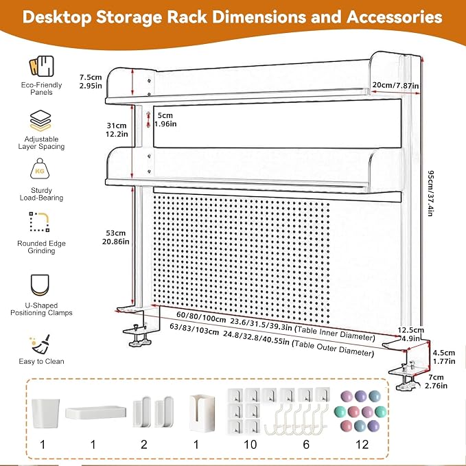 Clamp On Desks Organizer Shelf With Privacy Panel 23.6/31.5/39.3in Desk Extender Pegboard Workstation Desk- Pegboard With 20 Accessories For Gaming & Home Table(White,100cm/39.3in) - Image 2