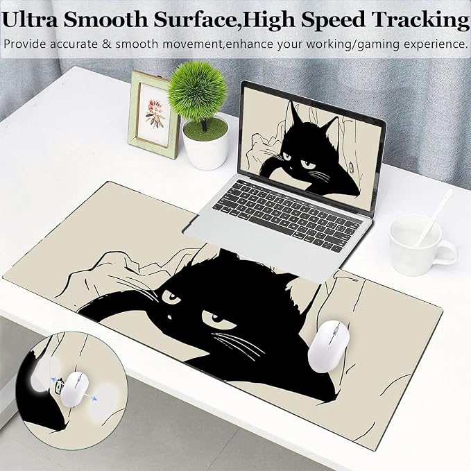 Gaming Mouse Pad XL Extended Anime Mouse Pad 31.5x11.8 inch, Large Cute Kawaii Big Computer Mouse Mat Desk Pad with Non-Slip Rubber Base and Stitched Edge for Home Office-Black Cat - Image 3
