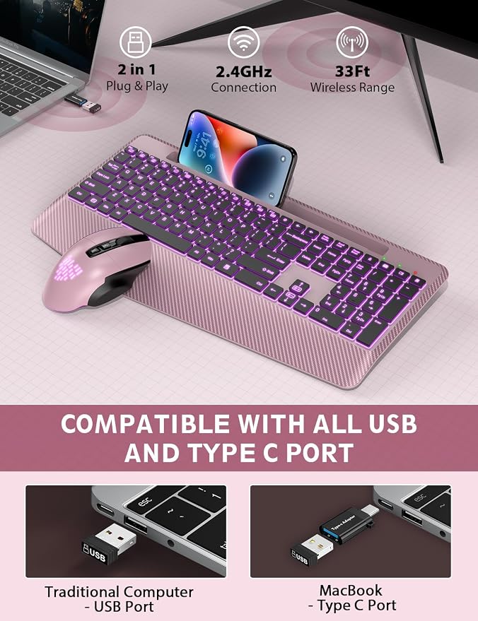SABLUTE Wireless Keyboard and Mouse Combo, Backlit Scissor Keys, Wrist Rest - Image 6