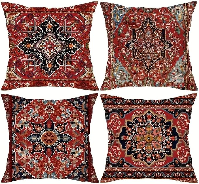 4pcs, Bohemian Ethnic Style Carpet Pattern Throw Pillow Covers, Printed Throw Pillowcase, Throw Pillow Covers Decor, Home Decor, Bedroom Decor, Living Room Decor, 18x18 Pillows Linen Pillowcase by Unknown