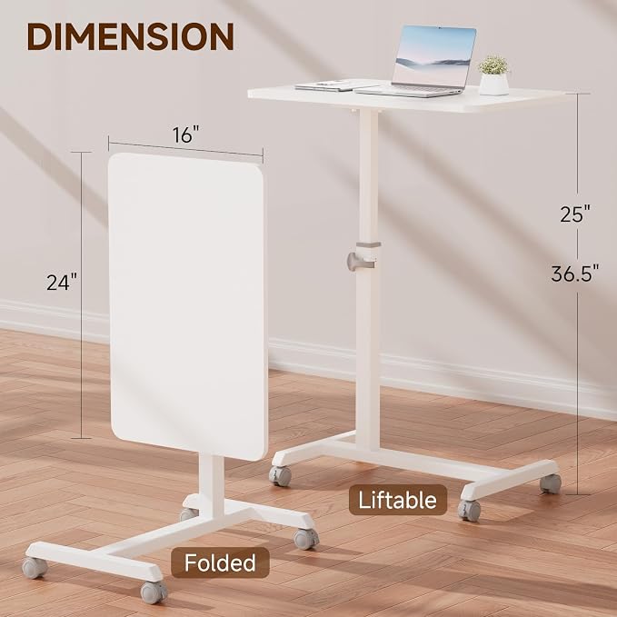 GTPLAYER Small Standing Desk, 24 Inches Foldable Mobile Rolling Laptop PC Table with Lockable Casters, Adjustable Height Overbed Bedside Table Computer Workstation for Home Office, White-Foldable - Image 3