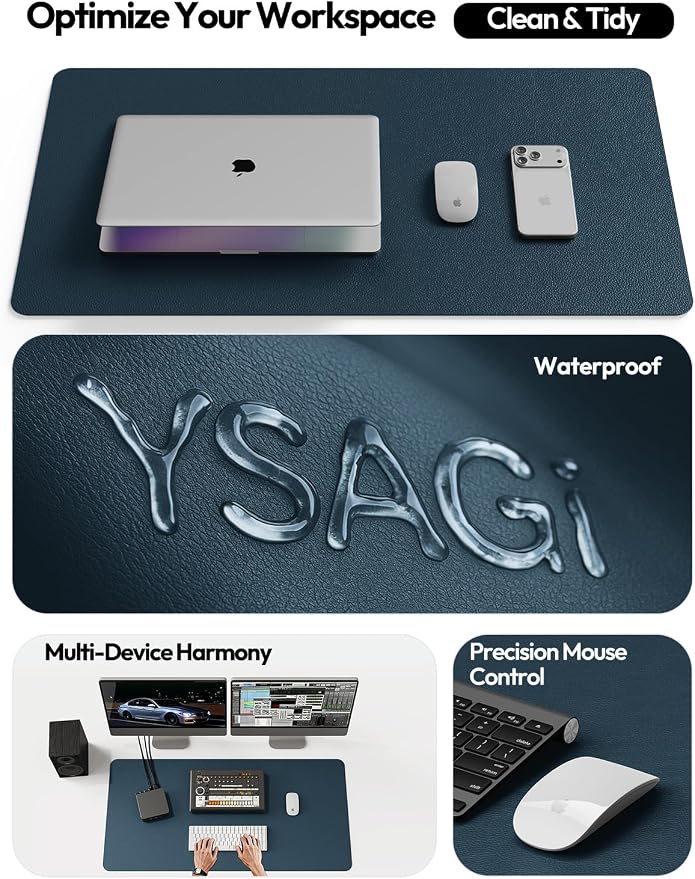 YSAGi Leather Desk Pad Protector, Office Desk Mat, Large Mouse Pad, Non-Slip PU Leather Desk Blotter, Laptop Desk Pad, Waterproof Desk Writing Pad for Office and Home (Dark Blue, 47" x 17") - Image 8