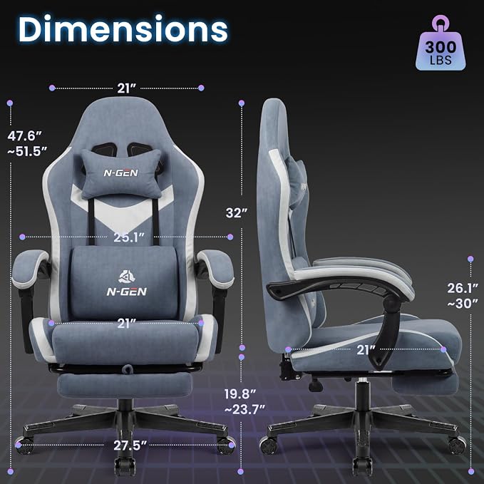 N-GEN GAMING Gaming Chair, Reclining Backrest, Footrest, Fabric, Blue | Ergonomic Design with Reclining Backrest, Linkage Armrests and High-Density Foam, Comfy Seating for Computer or Home Office - Image 3