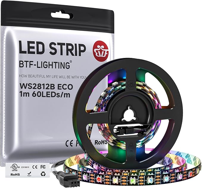 BTF-LIGHTING WS2812B ECO RGB LED Strip,UL Listed,Individually Addressable,3.28FT 60LED/m 60Pixel DC5V 5050SMD,Alloy Wire Flexible 3M Tape for DIY Chasing Color Project IP30(No Adapter or Controller) by BTF-LIGHTING