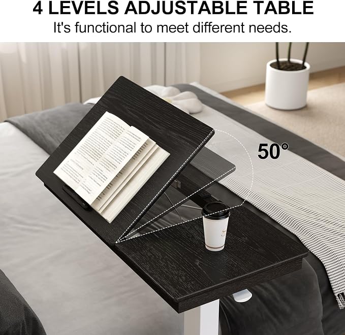 Muwuele Solid Wood Overbed Bedside Table with Wheels,Tilt Top Hospital Bed Table Adjustable Over the Bed,Rolling Bed Desk for Hospital and Home Use (Black) - Image 5