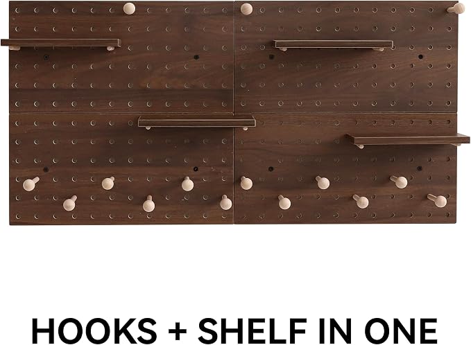 Wooden Pegboard Modular Display Organization Storage Wall Hooks Shelf (Walnut Colored Finish-B-4) - Image 8