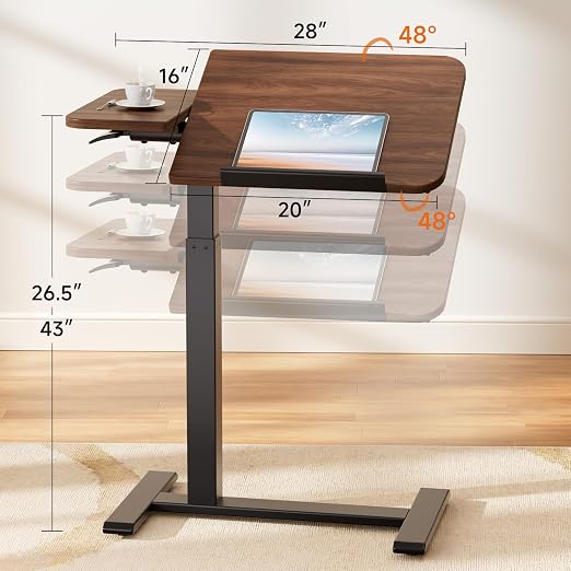 GTPLAYER Overbed Bedside Table with Wheels,Tiltable Hospital Bed Table Over The Bed, Pneumatic Adjustable Rolling Laptop Desk, Mobile Standing Desk for Hospital and Home Use (Walnut) - Image 2