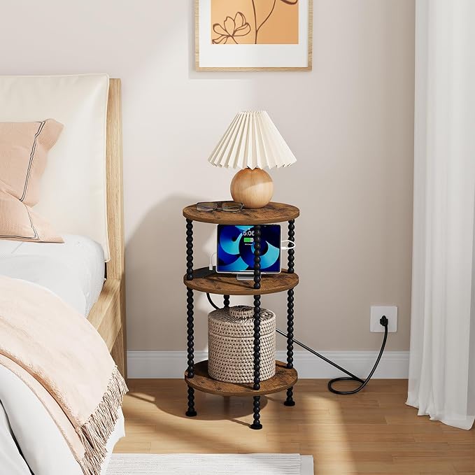 YINMIT 3-Tier Small Bedside Table,Round Side Table with AC Charging Station - Image 2