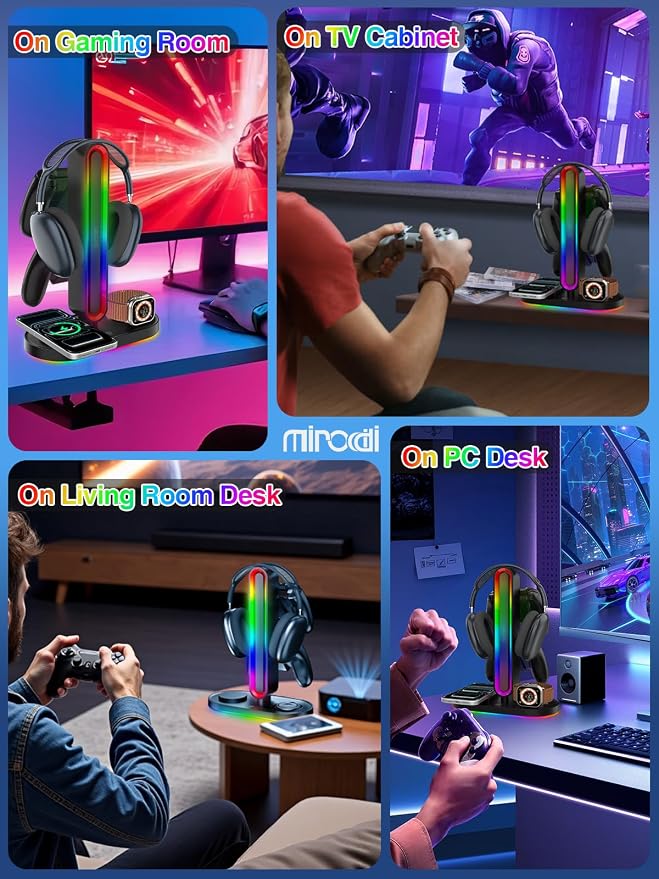 RGB Headset Stand with Wireless Charger, 8-in-1 Charging Station for iPhone, Samsung, Apple Watch Type-C/USB Ports, Gaming Headphone & Controllers Holder, Organizer for Desk Includes 20W PD Adapter - Image 9