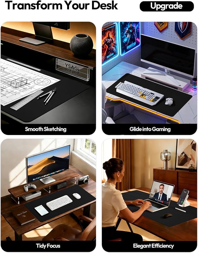 YSAGi Large Extended PU Leather Desk Pad Protector – Non-Slip Waterproof Desk Mat for Office & Home, Easy Clean Mouse Pad & Laptop Writing Blotter 35.4"x17" Black - Image 2