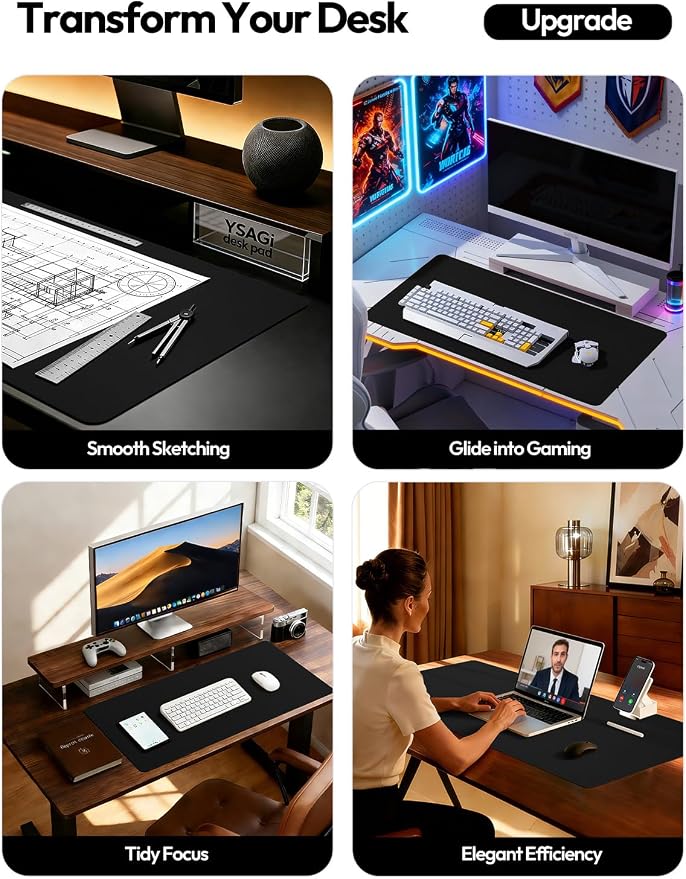 YSAGi Leather Desk Pad Protector, Office Desk Mat, Large Mouse Pad, Non-Slip PU Leather Desk Blotter, Laptop Desk Pad, Waterproof Desk Writing Pad for Office and Home (Black,55" x 17.2") - Image 3