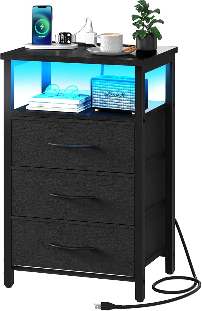 Yoobure Night Stand with Charging Station, LED White Nightstand for Dorm by Yoobure