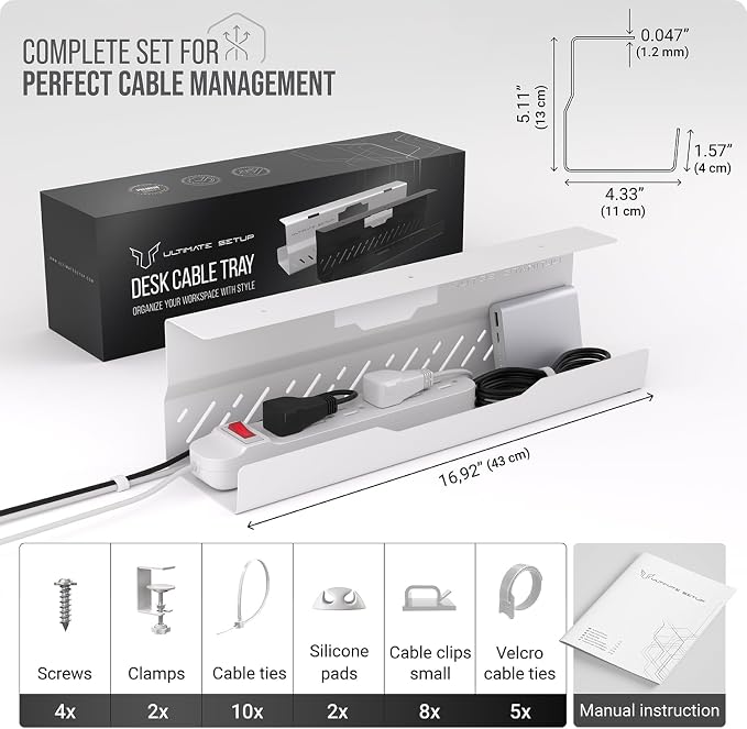 Under Desk Cable Management Tray no Drill – Wire Management - Cord Organizer – Huge Load Capacity – Under Desk Cable Tray no Drill (White, 1 Piece Set) - Image 6