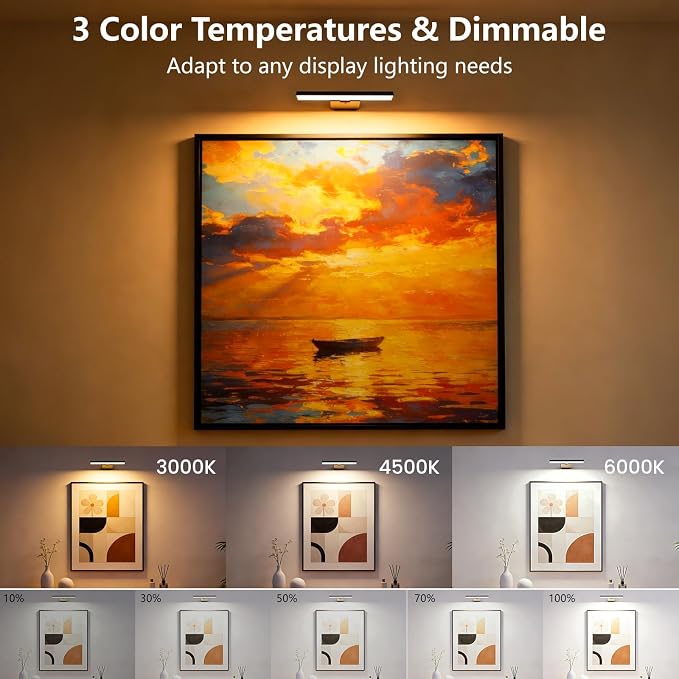 Kitloo Picture Lights for Wall, 6000mAh Rechargeable Battery Powered, Remote Control Wall Sconces with 3 Colors & Dimmable, LED Art Lights for Paintings, Gallery, Dartboard - Image 2