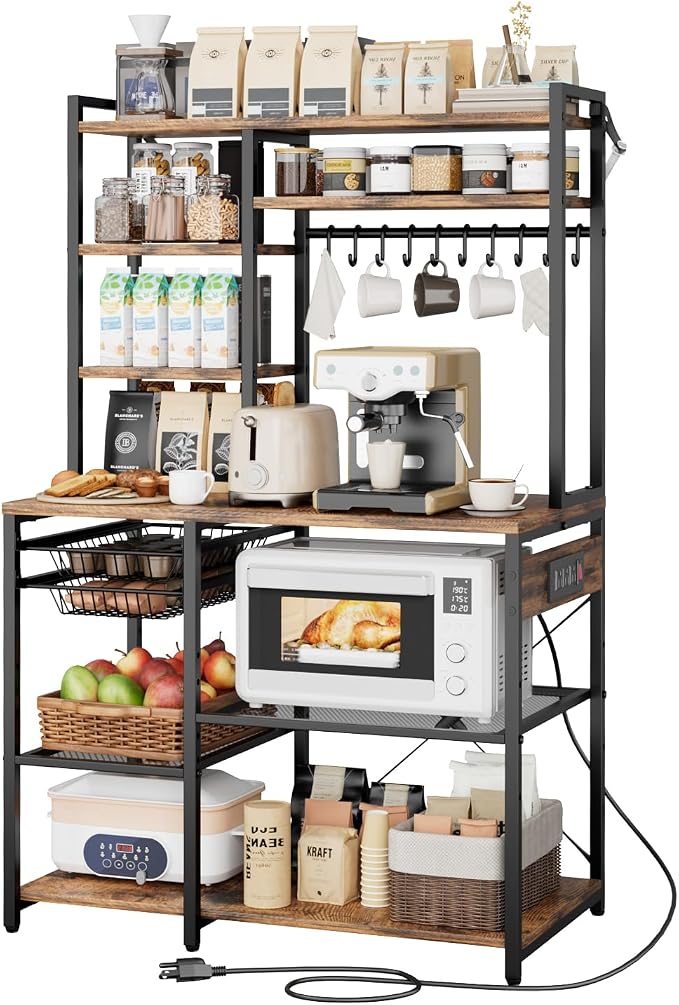 VEVOR Kitchen Bakers Rack with Power Outlets, 35.4x15.7x70.9 Inch Microwave Stand with Built-in Power Strip & 5 Ft Cord, 10 S-Shaped Hooks, for Dish Storage, Spice Jars, Coffee Bar Organization by VEVOR