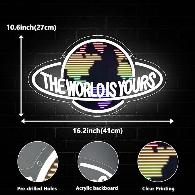 The World is Yours Neon Sign, Led Neon Light Signs for Wall Decor Colorful Planet LED Light up Sign Lamp for Game Room Man Cave Bedroom Bar Birthday Graduation Gift Dimmable USB Powered(16.2"*10.6") - Image 3