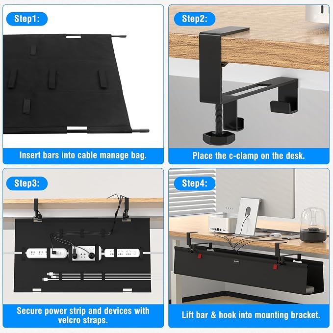 Under Desk Cable Management Tray for Table, No Drill 36" Cord Organizer with Cable Loop, Upgraded Oxford Fabric Wire Management for Office, Home - No Damage to Table - Image 7