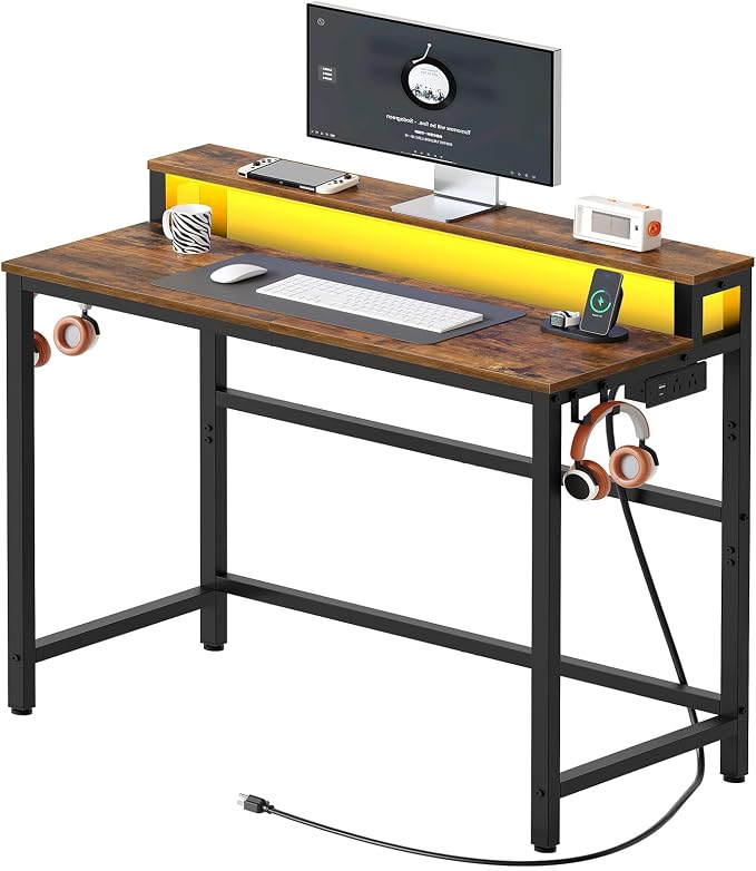 YATINEY Small Computer Desk with Charging Station and LED Lights, Gaming Desk with Monitor Stand, 2-Tier Home Office Desk with 4 Side Hooks, for Living Room, Home Office, Rustic Brown DN01UDBRY2 by Yatiney