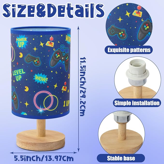 Kids Gaming Lamp for Boys Bedside Lamp with Linen Wooden Nightstand Cartoon Nursery Video Game Lampshade for Kids Gamer Decor - Image 2