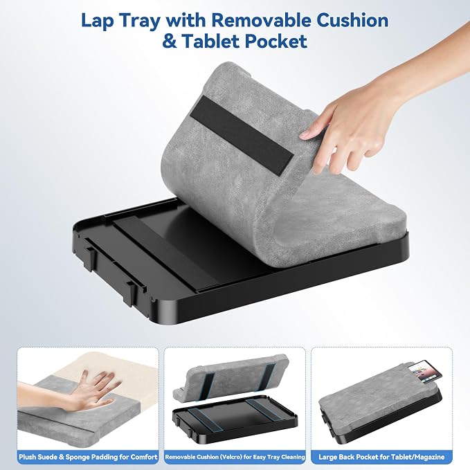 Lap Tray with Cushion Plastic Lap Desk with Cushion 15.5”Large Breakfast in Bed Tray with Removable Cushion & Cup/Phone Holder, Lap Table with Laptop Pocket for Couch TV Adults Eating Gaming Black - Image 5