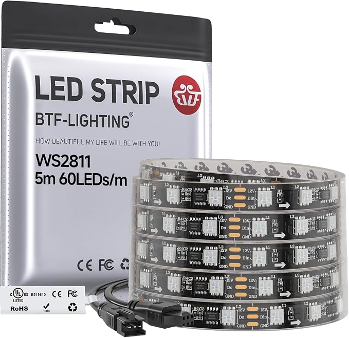 BTF-LIGHTING WS2811 Addressable RGB LED Strip 16.4FT 300LED DC12V IP67 by BTF-LIGHTING