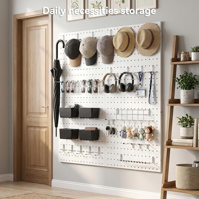 Peg Board, 4 Pack Metal Pegboard with Hooks, 71pcs Pegboard Kit, White Pegboard Wall Organizer, Heavy Duty Peg Boards for Walls Home, Garage Tool Storage, Workbench, Craft Room - Image 3