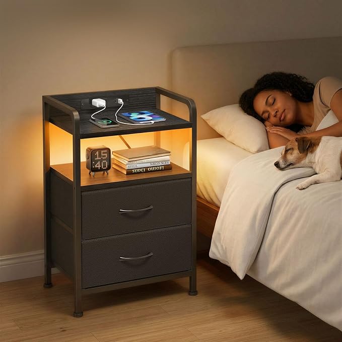 Fixwal Black Led Nightstand, Rear Charging Station, 2 Fabric Drawers - Image 6