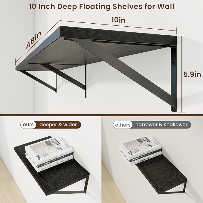 Axeman Deep Floating Shelves, 48'' x 10'' Black Wall Shelves Set of 2 - Image 3