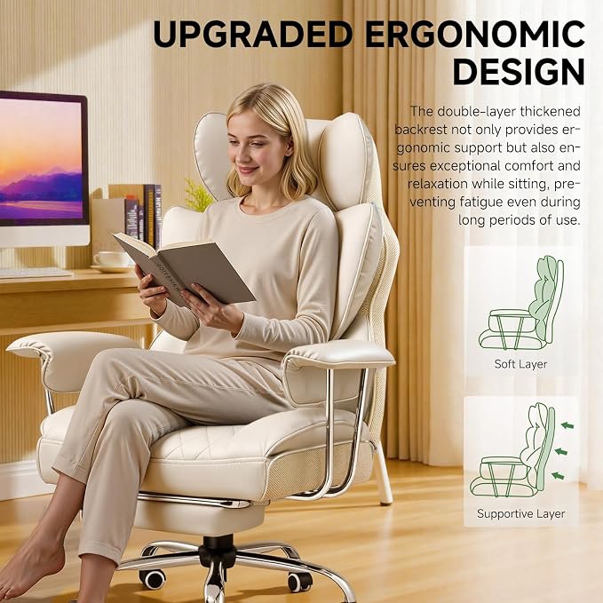 COMHOMA Big and Tall Office Chair, High Back Leather Gaming Chair with Footrest, Executive Ergonomic Office Chairs with Pocket Spring Lumbar Support and with Outward Fixed Soft Armrests - Image 5